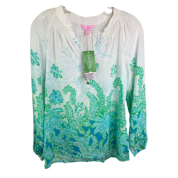 Lilly Pulitzer Tops - Lilly Pulitzer Elsa Silk Chiffon Palm Party Print Long Sleeve Blouse XS NWT $168